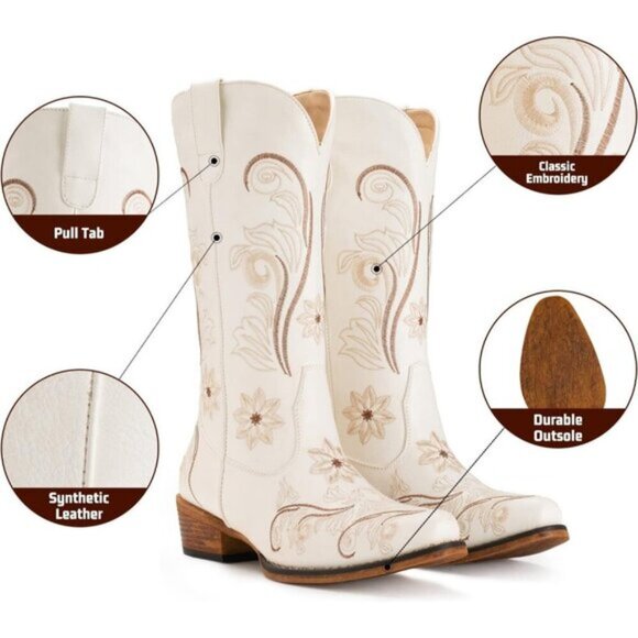 ⭐ IUV Women's Embroidered Cowboy Boots - Mid Calf Western Snip Toe Cowgirl Boots - Picture 3 of 6